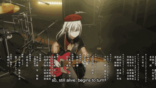 a girl holding a guitar with the words so still alive begins to turn