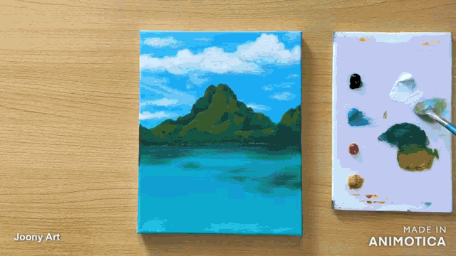 a painting of a mountain and a painting of a body of water made in animatica