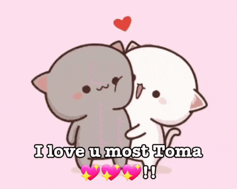 two cartoon cats hugging each other with the words i love u most toma written below them