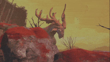 a computer generated image of a landscape with trees and a large rock in the foreground