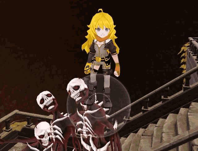 a girl with yellow hair is standing next to a group of skeletons on a set of stairs