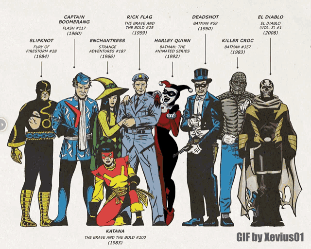 a group of comic book characters including captain boomerang and katana are standing next to each other