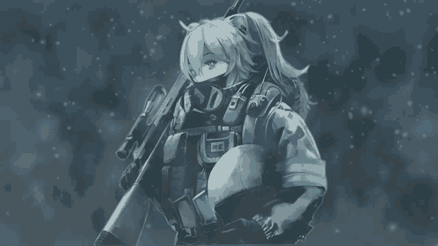 a drawing of a girl with a sniper rifle and a helmet with the letters rc on it