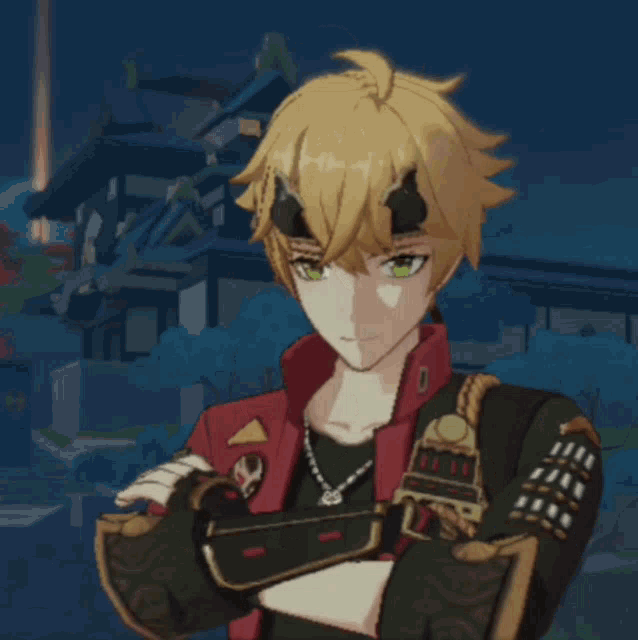 a boy with horns on his head is wearing a red jacket and black shirt