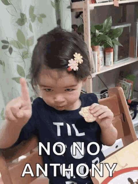 a little girl giving a thumbs up with the words til no no anthony on the bottom
