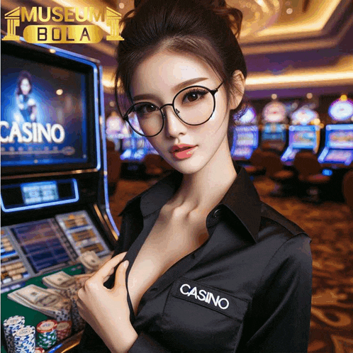 a woman wearing glasses and a black shirt that says casino on it