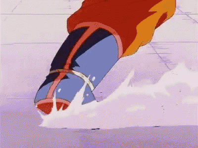 a cartoon character 's foot is splashing water on a purple surface .