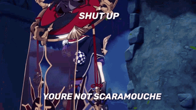 a cartoon character with a sword and an umbrella is saying shut up you 're not scaramouche .