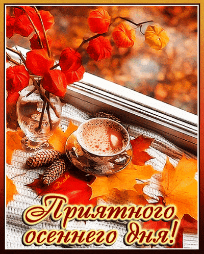 a cup of coffee sits in front of a window with autumn leaves