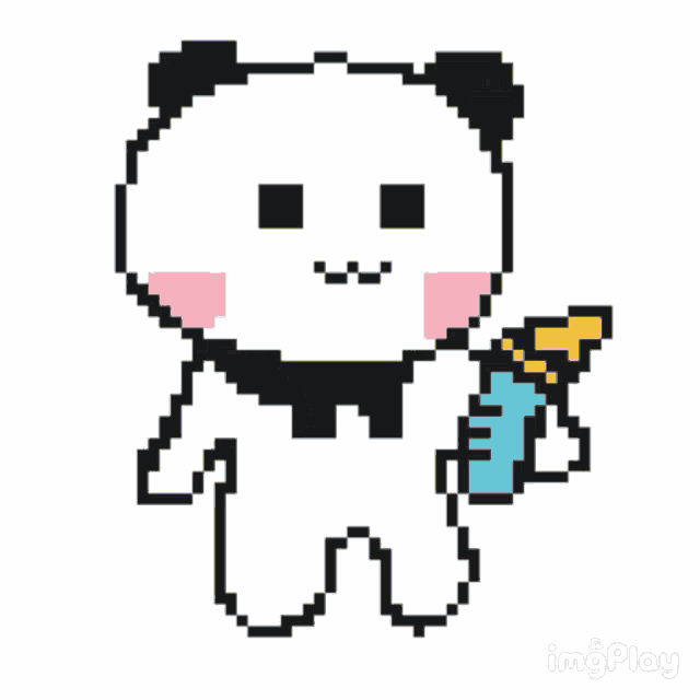 a pixel art of a panda bear holding a baby bottle