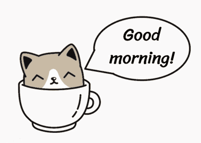 a cat in a cup says good morning
