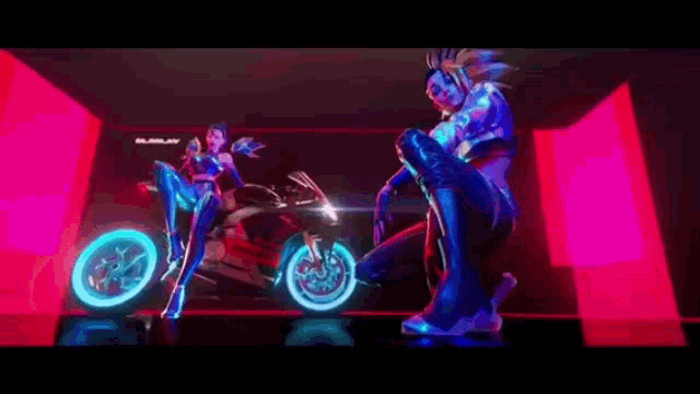 a woman is riding a motorcycle next to another woman in a room .