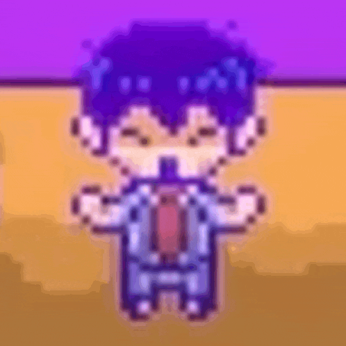 a pixel art of a boy in a suit and tie standing on a purple background .
