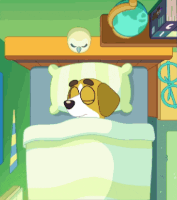 a cartoon dog is sleeping in a bed with a globe on the shelf above it