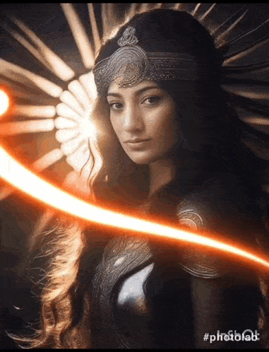 a woman with long hair and a crown on her head is holding a sword .