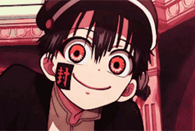 a close up of a cartoon character with red eyes and a tag on his face