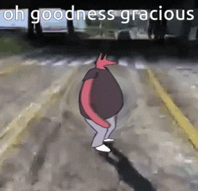 a cartoon character with a red tail is walking down the street .
