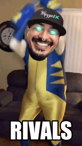a man in a wolverine costume is holding a bat and says rivals
