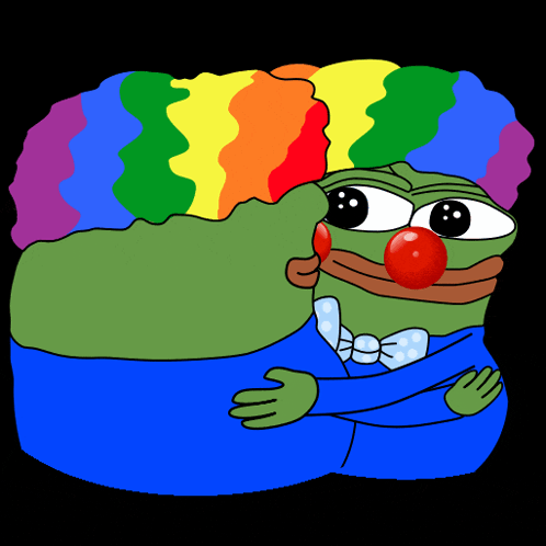 a green frog wearing a rainbow wig and a red nose is hugging another green frog
