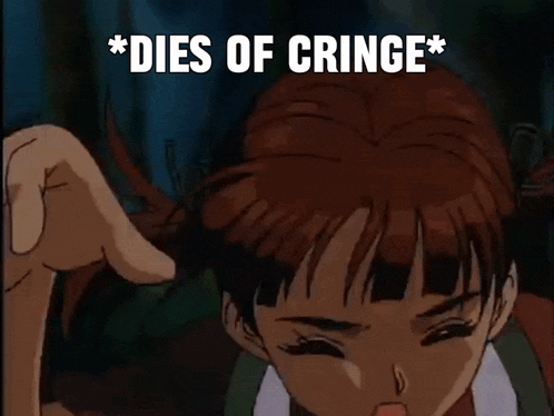 a girl with a surprised look on her face and the words dies of cringe above her