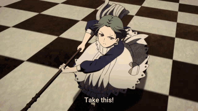 a girl in a maid costume is holding a broom and says take this