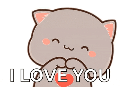 a cartoon cat is making a heart with its hands and saying i love you