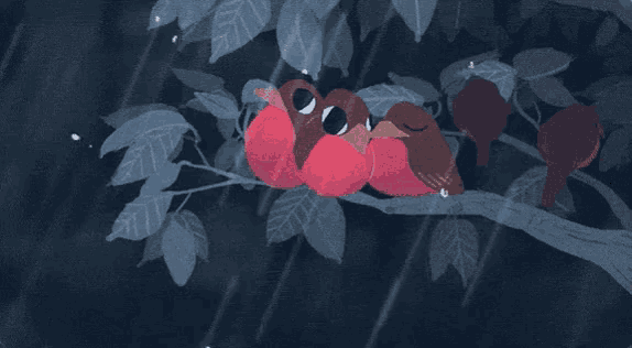 two birds are sitting on a tree branch in the rain