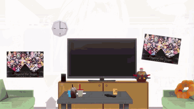 a living room with posters on the wall one of which says " beyond the stage "