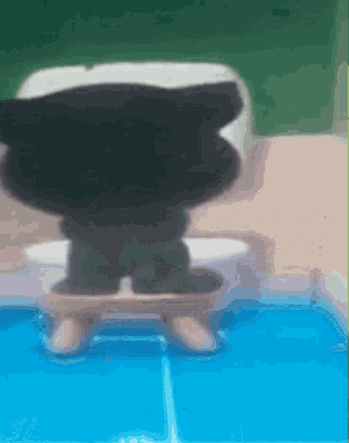 a black cat is sitting on a small stool