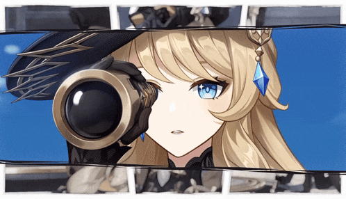 a girl with blue eyes is looking through a telescope