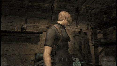 a man in a video game is holding a device that says ' mr.p.d. ' on it