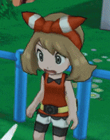 a cartoon girl wearing a red and white headband is standing next to a blue railing .