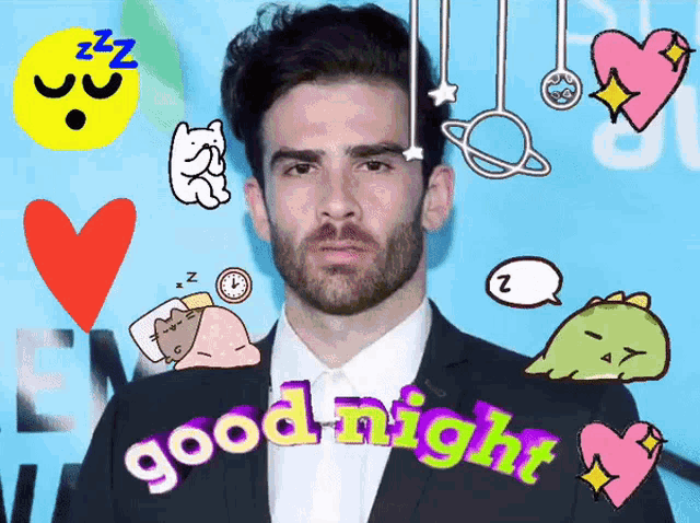 a man with a beard is surrounded by stickers and says good night