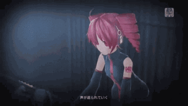 a cartoon girl with red hair and a black shirt has a foreign language written on her chest