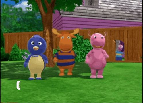 a group of backyardigans standing in front of a house with the name callav on the bottom
