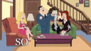 a cartoon of a family sitting in a living room with the word so in the bottom right corner