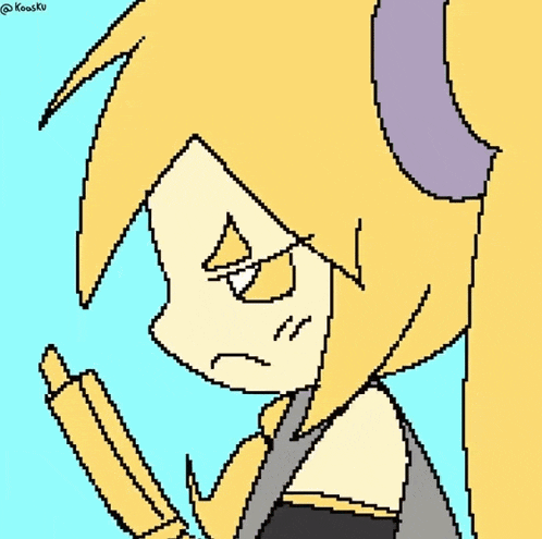a pixel art drawing of a person with a purple ear