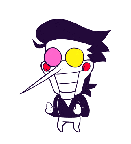 a cartoon character with a long nose and pink and yellow eyes