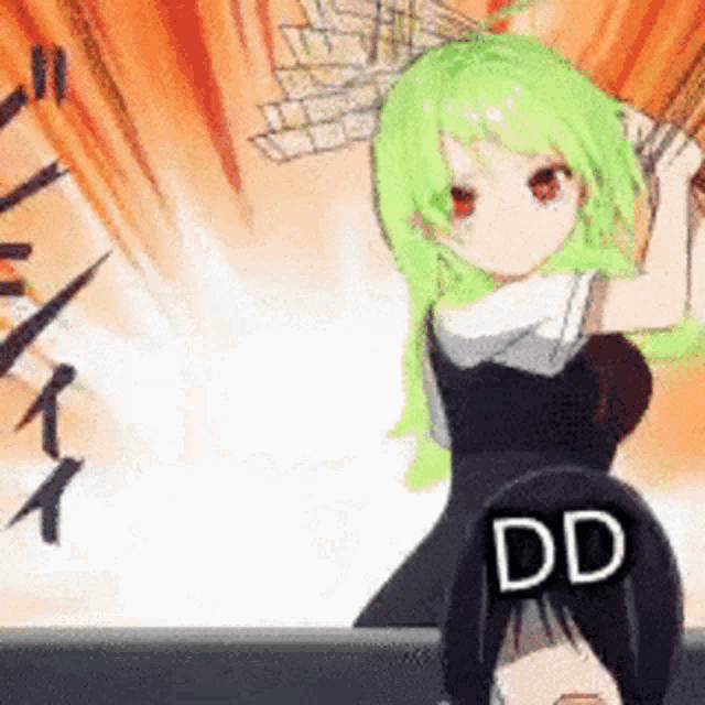 a girl with green hair is standing next to a girl with black hair and the words dd on her head .