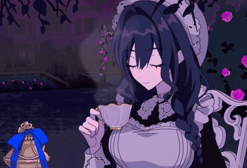 a girl in a maid costume is drinking from a cup