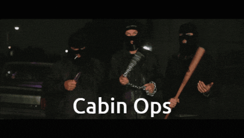 a group of men wearing masks and holding bats with the words cabin ops written on the bottom