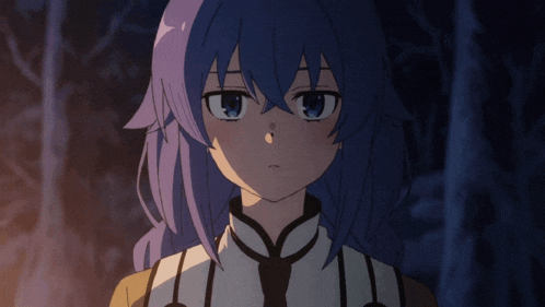 a girl with purple hair and blue eyes holds her hands to her chest