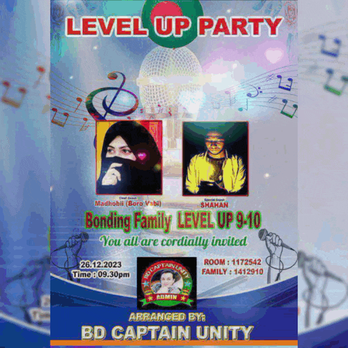 a poster for a level up party with a woman and a man