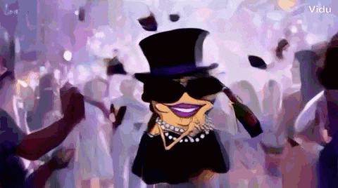 a cartoon character wearing a top hat and holding a bottle of champagne is dancing in a crowd .