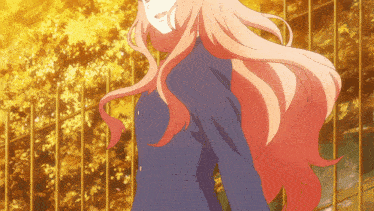 a girl with long pink hair and a blue jacket
