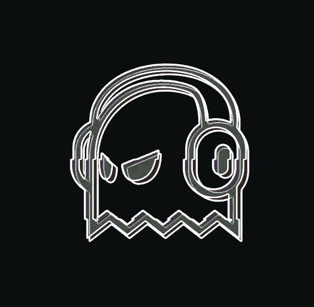 a neon sign of a ghost wearing headphones and sunglasses on a black background