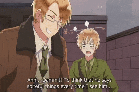 two anime characters are standing next to each other and one of them is talking about spiteful things every time i see him .