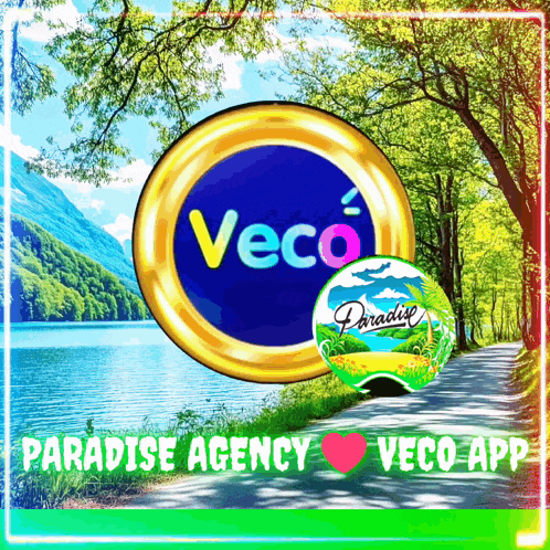 a logo for a company called paradise agency with a lake in the background