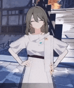 a cartoon girl in a white dress is standing with her hands on her hips .