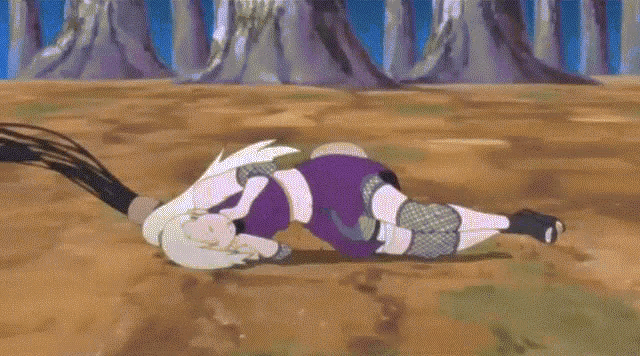 a cartoon character is laying on the ground in the dirt with trees in the background .